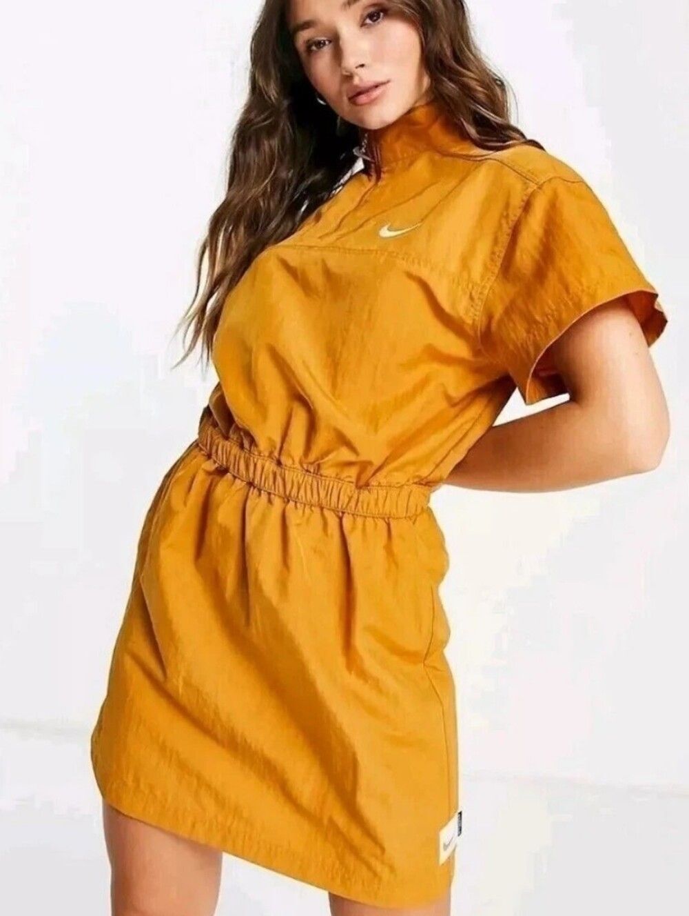 Nike Golden Yellow Swoosh Elastic Waist Short Sleeve Dress Size M